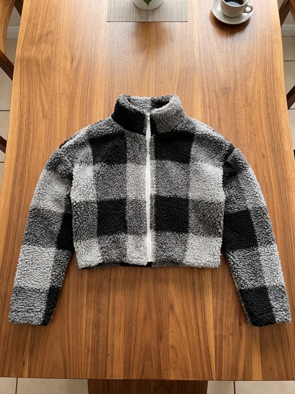 SHEIN Black & Grey Check Sherpa Puffer Jacket